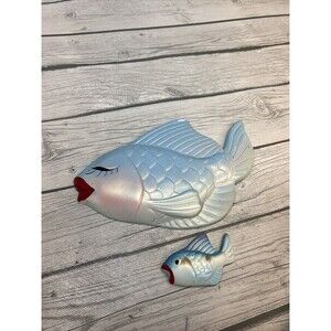 Vintage Miller Studio Chalkware Large Blue Fish & 1 Small Fish Wall Plaque